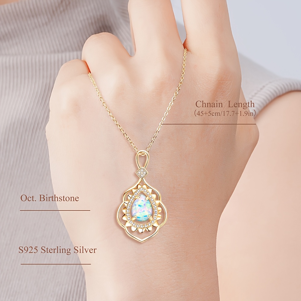 925 Silver Opal Pendant Necklace with Zirconia Studded - Bohemian Vintage Style